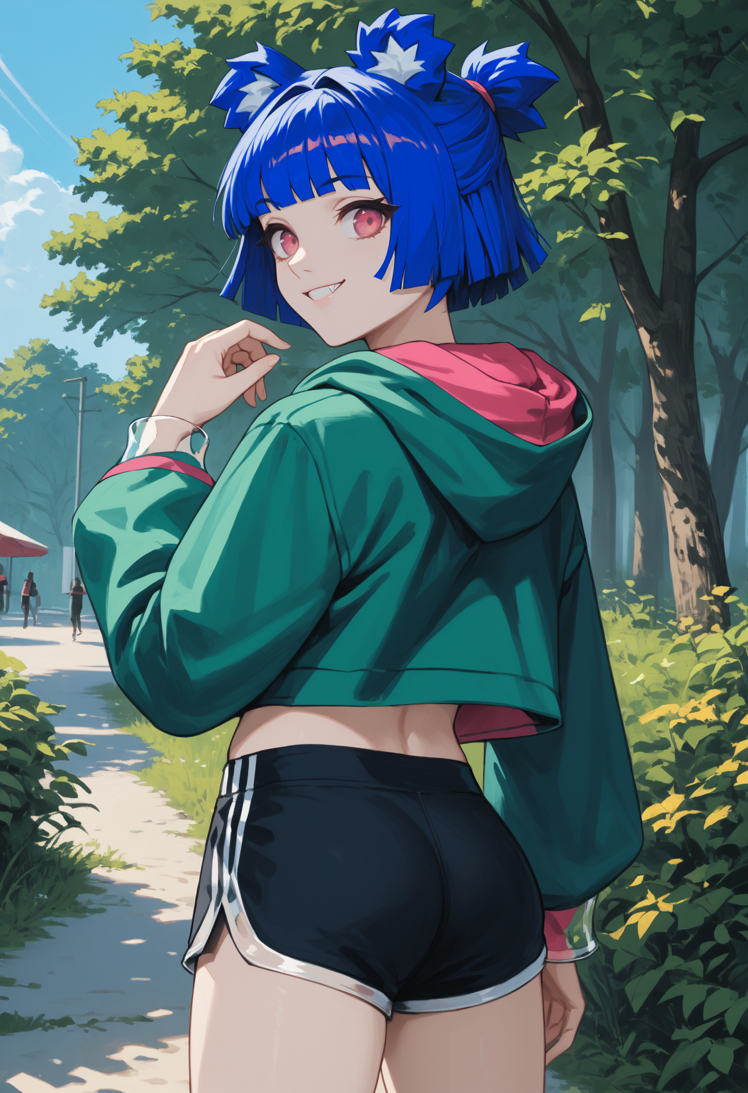 score_9, score_8_up, score_7_up, 1girl, GrisVert, animal ears, bear tail, magenta eyes, blue hair, short hair, fang, 
green jacket, animal hoodie, cropped hoodie, midriff, black shorts, sports shorts,
looking at viewer, smile, from behind, looking back, hand up,
outdoors, countryside, summer,
<lora:Gris-VertigrisPDXL_V1-Manityro-CAME:1.0>,