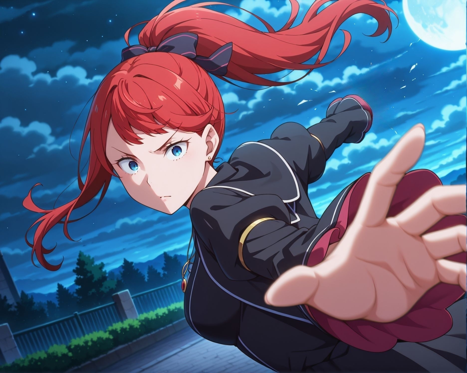 masterpiece, best quality, newest, absurdres, highres, detailed eyes, beautiful, detailed background, perfect eyes, anime coloring, anime screencap,
IncrsPunchMeme, <lora:PepePunchMeme_illusXLNoobAI_Incrs_v1:1.3>, open hand,punch, 
night,cloudy sky, 
<lora:Theresia_van_Astrea_r1:1>Theresia_van_Astrea,
blue eyes, (ponytail female),red hair, high ponytail, 
jjewelry,bangs, 40YO, milf, black dress,upper body, 
t_theresia,