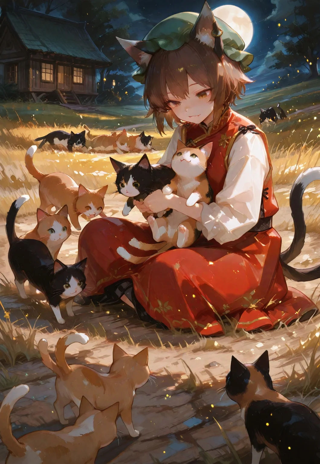 masterpiece, best quality, amazing quality, very aesthetic, absurdres, newest, highres, 4k,8k,Ultra HD, extremely detailed,
1girl, chen,
brown hair, short hair, brown eyes, cat tail, two tails, cat ears, fang, mob cap, green hat, single earring, red dress,
girl_with_cats, cat, animal, holding animal,<lora:girl_with_cats:0.6>,multiple cats, catss running, cats jump,girl surrounded by many cats, holding,
love, dynamic pose,
sitting on ground,
grass field,
(a wooden house in background:0.8),
night, moon, soft lighting,
close up, very close-up shot,
spotlight, light particles,
748cmstyle, usnr, luminescent color