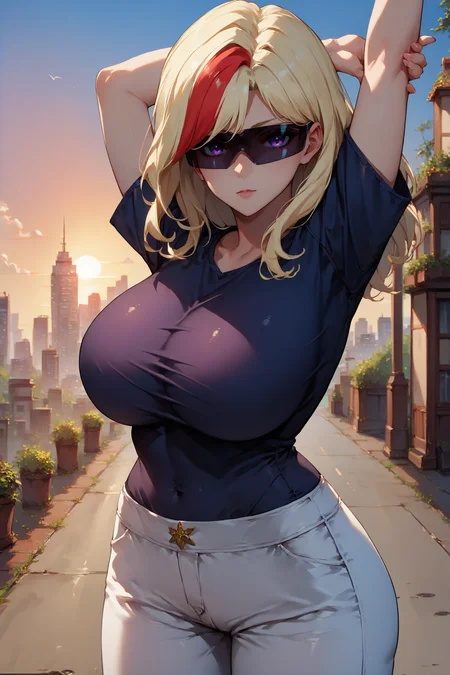 score_9, score_8_up, score_7_up, score_6_up, source_anime, 1girl, solo,  <lora:hasumirain-pdxl-nvwls-v1-000005:1> valkHR, multicolored hair, blonde hair, medium hair, huge breasts, purple eyes, sunglasses, covered eyes, black t-shirt, white pants, stretching, looking at you, sunset, city