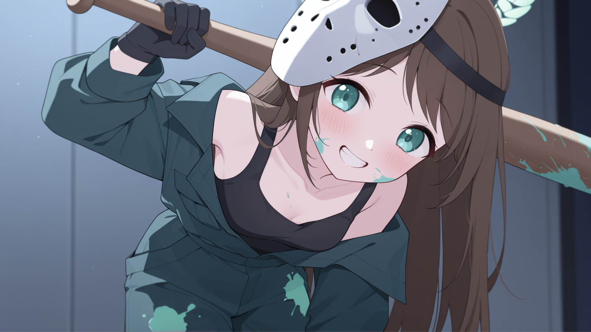 1girl, solo, airi_(halloween)_(blue_archive), small breasts, dark green jumpsuit, black gloves, green paint splatter on clothe:1.2,  green paint splatter on face:1.2, baseball bat, long straight hair, brown hair, hockey mask on head, alternative_official_costume, <lora:Airi__Blue_Archive_-_Halloween_Costume_アイリ_-_ハロウィン:0.7>,  airi_(blue_archive)_hlw, __positive__, blurry background, off shoulder,  leaning forward, carrying bat on shoulder, smiling, looking at viewer, <lora:blue_archive-ixl-style-soralz:1>, black tank top, lights and shadows, dramatic lighting, wide shot, stained wall,