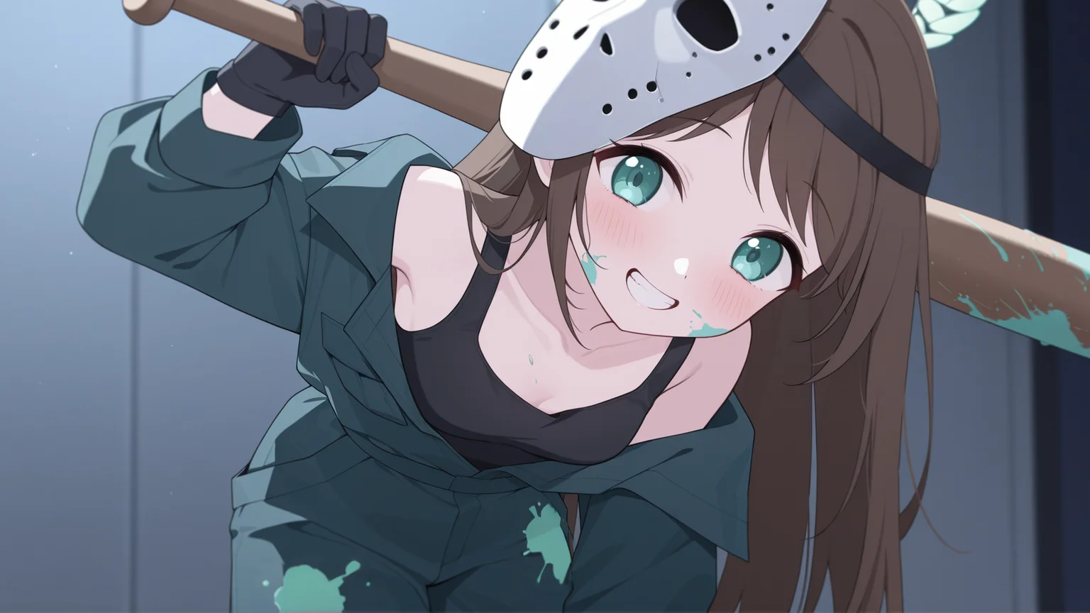 1girl, solo, airi_(halloween)_(blue_archive), small breasts, dark green jumpsuit, black gloves, green paint splatter on clothe:1.2, green paint splatter on face:1.2, baseball bat, long straight hair, brown hair, hockey mask on head, alternative_official_costume, <lora:Airi__Blue_Archive_-_Halloween_Costume_アイリ_-_ハロウィン:0.7>, airi_(blue_archive)_hlw, __positive__, blurry background, off shoulder, leaning forward, carrying bat on shoulder, smiling, looking at viewer, <lora:blue_archive-ixl-style-soralz:1>, black tank top, lights and shadows, dramatic lighting, wide shot, stained wall,