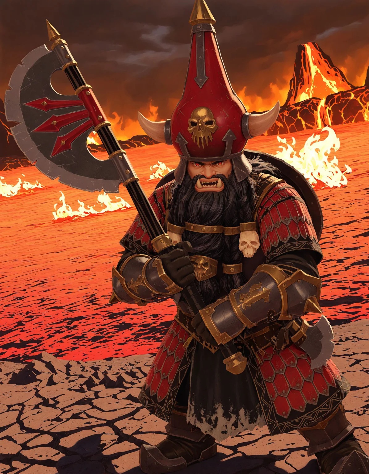 masterpiece, good quality, best quality, solo, 2d, anime, dutch angle, fire, lava, dark clouds,
chorfwarrior, armor, 1boy, solo, beard, helmet, holding axe, two-handed, looking at viewer, frown, red eyes, tusks,
<lora:ChaosDwarfWarrior_Vpred:0.6>