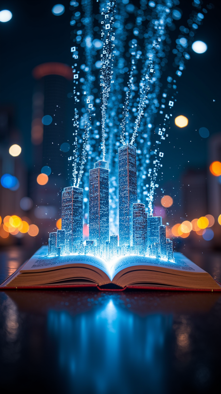 A futuristic digital book opens, and streams of pixelated letters float out, forming digital holograms of futuristic cityscapes that flicker with neon light.    ,aidmaHyperrealism