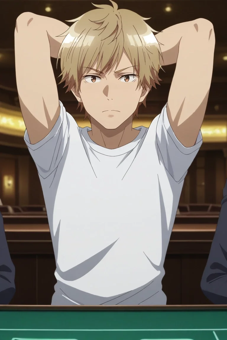score_9, score_8_up, score_7_up, source_anime, rating_safe, intricate details, anime screencap, , official style, , depth of field, 1boy, solo, male focus, <lora:shuuji_nakamura_pony:0.94>, shuuji_nakamura, blonde hair, brown eyes, short hair, panorama, las vegas, casino, day, arms up, wavy mouth, closed mouth, ,, <lora:sdxl_lightning_8step_lora:1>