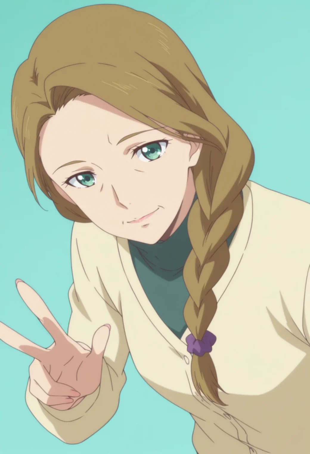 anime screencap, anime coloring, 1girl,  solo,   <lora:DX888Tachibana:1> tachbana tsukiko, green eyes, brown hair, mature female,wrinkled skin , single braid, hair over shoulder BREAK two-tone sweater, green sweater, yellow sweater, turtleneck sweater, torn sweater, long skir,  BREAK aqua background, heaven condition, BREAK dutch angle,  from above, dynamic pose, posing,  , light smile,  w,
