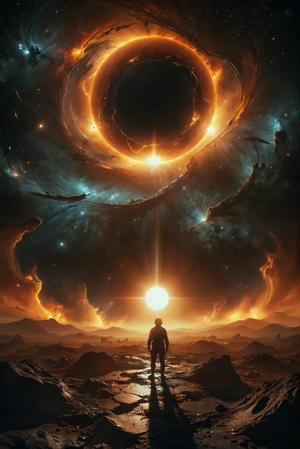 Depict a brutal cosmic event unfolding in the vastness of space. A sun is gradually being absorbed by a black hole, its fiery surface stretched and twisted as it's pulled into the abyss. Observing from a distant planet, the viewer is filled with helplessness, witnessing the cataclysmic spectacle. The distortion of time and space creates a surreal atmosphere, with light bending and stars warping around the event horizon. The entire scene feels unreal, almost artificial, raising the question: could this truly be happening? The viewer's perception is challenged as reality itself seems to break down in the presence of such a monumental event.
hyperdetailed photography, masterpiece, best quality, high quality, highres, ultra-detailed, best quality, 8K, high resolution, extreme detail,
<lora:add-detail-xl:2> <lora:MJ52:0.5> <lora:ral-ertmsphr:0.5> ral-ertmsphr