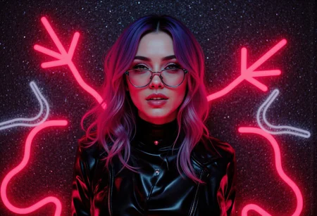Upper body shot of a sensual seductive Synth-Wave queen, elegant purple and hot-pink hair with cyan tips, looking at the camera, cute metallic cyan glasses with translucent bright salmon-pink lenses, approaching perfection, dark black make up, gothic style, dynamic, highly detailed, digital painting, halo rings, artstation, concept art, smooth, sharp focus, illustration, black and white colours, (art by Carne Griffiths and Wadim Kashin), goth outfit, (black and dark red painted background), metal and leather top, grin, elegant glamour magical pose with the hands towards the sky, infinite space beautiful background, seducing expression, seducing head pose, visually balanced and centered composition, yellow bird energy contrast around the hair and behind the body
Insane resolution, insane details.
Intensely staring at the viewer. Life-like details. Cinematic. Dramatic. Dynamic. Extremely refined lines and and shapes. Extremely refined details on objects. Sharp details. Wide range of colors. Many details everywhere. Ray-Tracing. Anti-Aliasing. Realistic soft shadows. Low saturation colors. Insane quality. Insane resolution. Insane details. Masterpiece. 32k resolution. Everything brought to the absolute extreme for a dramatic effect. Composition wallpaper-like, optimized for 16:9 vision, subject centered far from edges.
