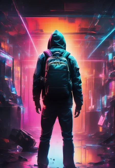((masterpiece,best quality)), absurdres,
solo, 1boy, standing, jacket, male focus, pants, hood, bag, from behind, backpack, broken glass, neon lights, blurry background,