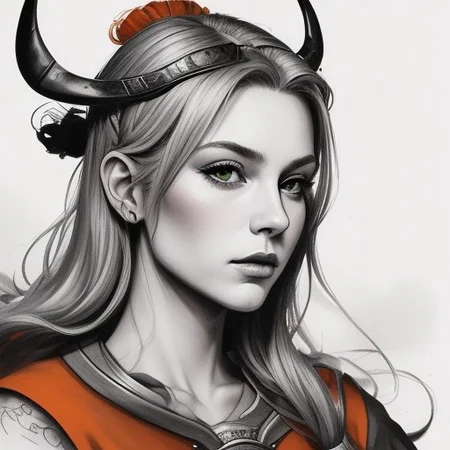 Ink portrait of a beautiful viking princess.
Orange, red, green,  purple colors only.
Ink style.