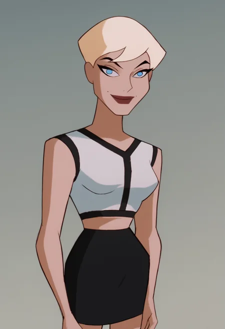 <lora:ChelseaBatmanBPony1.0:1> chelsea, 1girl, solo, blonde hair, short hair, white shirt, blue eyes, lipstick, black skirt, score_9, score_8_up, score_7_up, score_6_up, score_5_up, score_4_up, looking at viewer, hand on own hip, cowboy shot,simple background, smile,