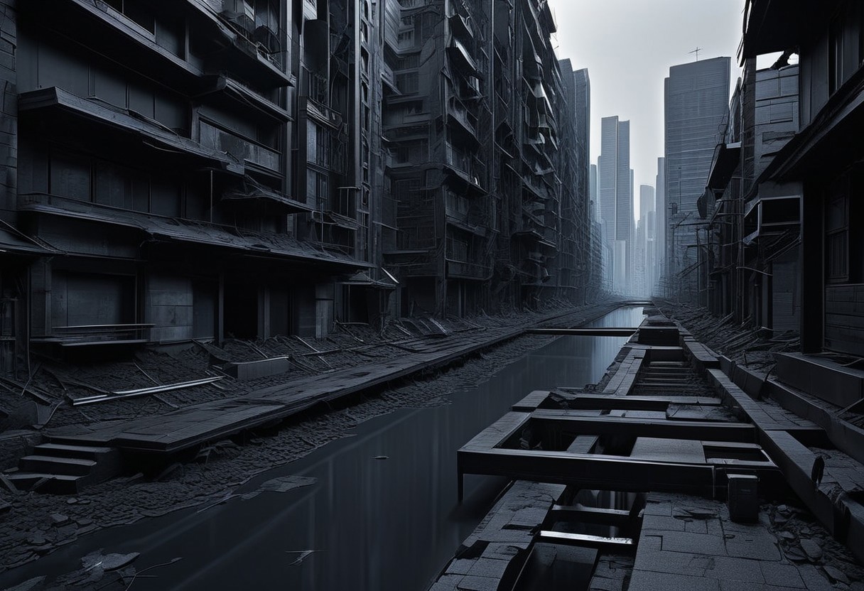 (anime), no human, city ruin, black snake, (masterpiece), score_9
