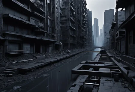 (anime), no human, city ruin, black snake, (masterpiece), score_9