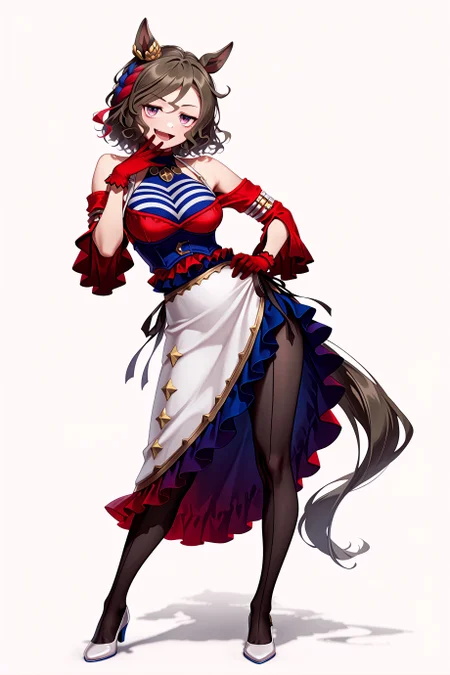1girl, solo, tap dance city \(umamusume\), horse girl, horse tail,
red gloves, bare shoulders, dress, multicolored skirt, layered skirt, frills, white skirt, black pantyhose, white footwear, pumps,
jitome, seductive smile, open mouth,
standing, contrapposto, hand on own mouth, hand on own hip,
white background,
full body, looking at viewer, <lora:tapdancecityillv2:0.9>,
masterpiece, best quality, amazing quality, very aesthetic, absurdres, highres, newest, <lora:xl_saturation_slider:0.1>, <lora:add-detail-xl:1>, <lora:illustriousXLv01_stabilizer_v1.164:0.4>, <lora:reduce_wrinkles_illstriouosv0.1_ADDifT_2_in_1_v1.2:0.9>,