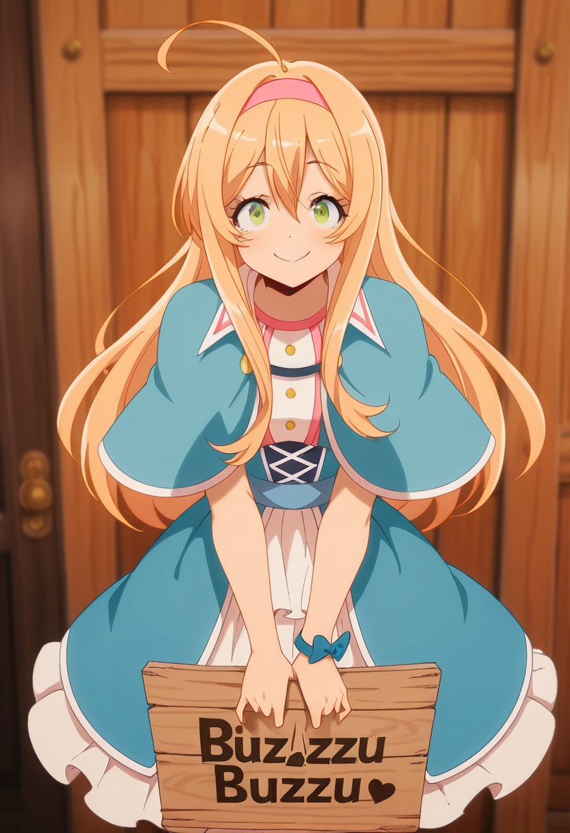 masterpiece, best quality, amazing quality, mischievous smile,  1girl, solo, merielle,  green eyes, blonde hair, long hair, ahoge, pink hairband, blonde hair, ahoge, blue capelet, blue jacket, dress, holding sign of BUZZ BUZZ BUZZ BUZZ