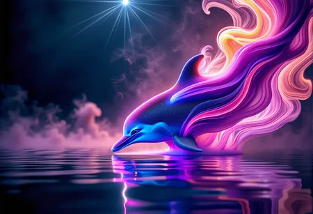 bv-smowormor. An animal, like a dolphin, with smoky wisps trailing behind, adding a mystical feel, set against a calm river bank The scene is captured with a close-up, focusing on the intricate smoke transformation effect, giving detailed insight into the blending of forms. The image has bright, vivid colors contrasting with the smokiness to create a surrealist effect. The style is inspired by vaporwave aesthetics, with neon highlights and surreal smoke effects. , <lora:bv-smoke-world-morph-1-0.safetensors:1.0:1.0>