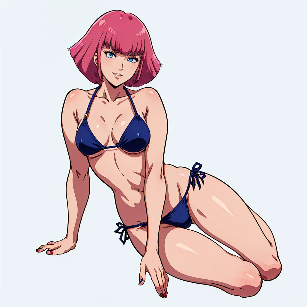 <lora:hamankarn054:0.5>,haman_karn,1woman,solo,pink hair,short hair,sidelocks,bangs,eyebrows,double eyelid,blue eyes,sharp eyes,aged up,
bikini,
full body,