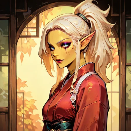 masterpiece, best quality, newest, absurdres, highres, TTCSV1.0,
1girl, asian, asian female, elf, elf girl, pointy ears, long hair, yellow skin, blonde hair, golden colored skin, kimono, red kimono, ponytail long ponytail, high taied ponytail, makeup, mascara,