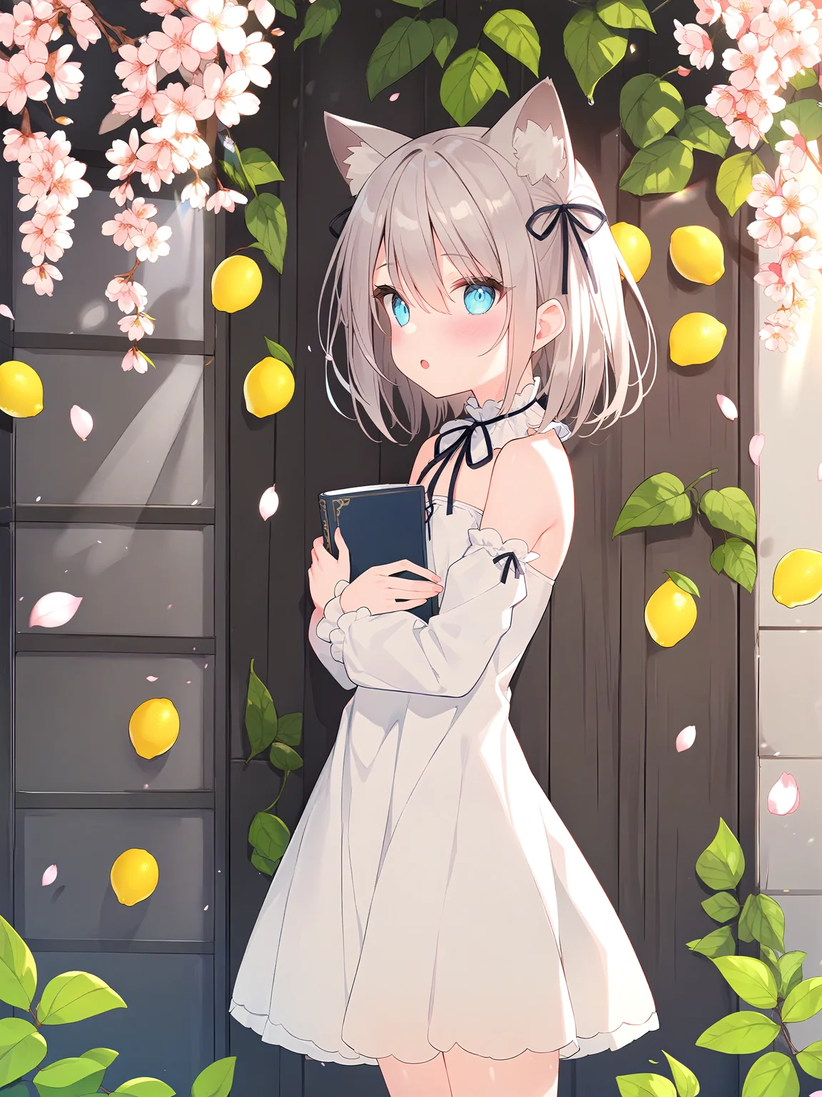 1girl,solo,cherry blossoms,hair flower,pink flower,hair ribbon,cat ears,animal ear fluff,blue eyes,grey hair,short hair,bangs,hair between eyes,eyebrows visible through hair,blush,neck ribbon,white dress,crease,frilled_collar,detached_sleeves,flat chest,hugging book,standing,looking at viewer,open mouth,:o,leaf,plant,lemon,outdoors,book,light ray,from side,
<lora:rurudo_2:1>,