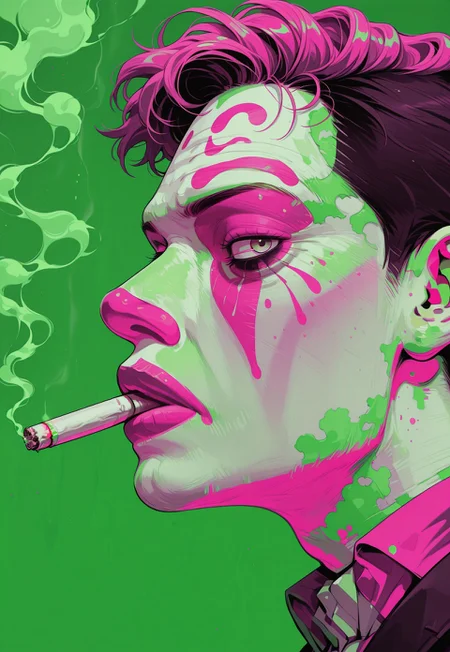 clown makeup, solo, 1boy, male focus, profile, sideways glance, cigarette, smoking, smoke, detailed background, green background, neon pink theme