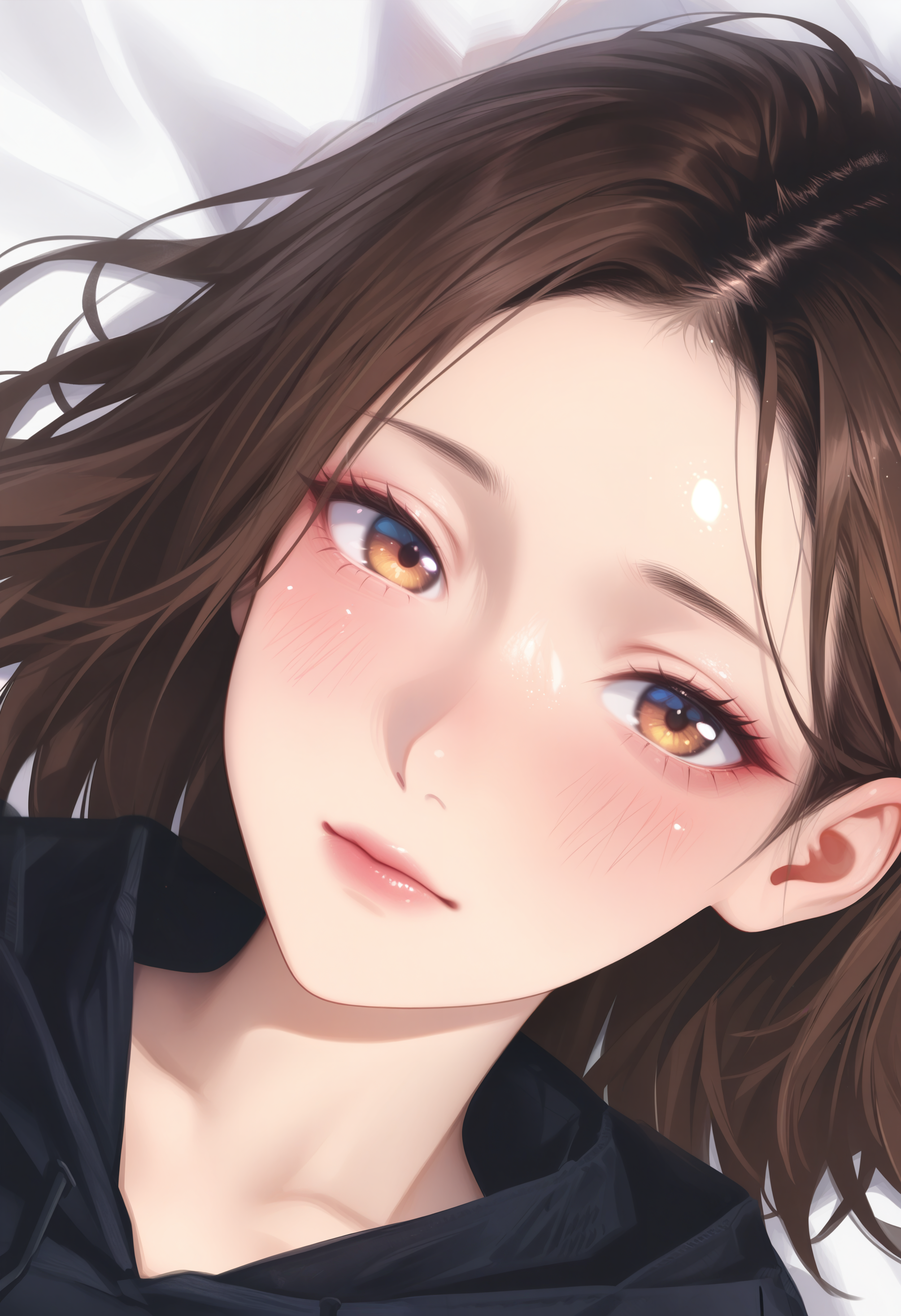 watercolor, lldn, detailed drawing, masterpiece, best quality, good quality, newest, highres, cinematic, volume light, close up, vibrant, blacklight, looking at viewer, from above, 1girl, medium hair, brown hair, hair to side, brown eyes, forehead, eyerliner, black robe, lies on back, calm face,