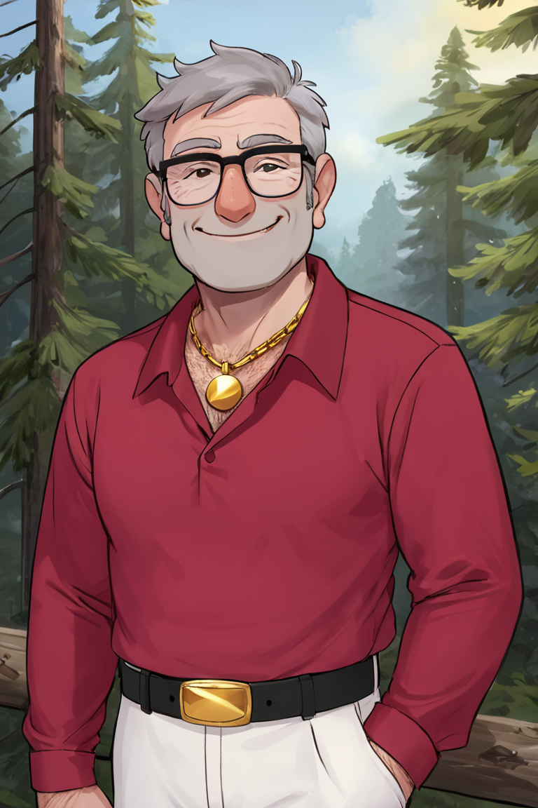 stanpines, solo, male focus, upper body, mature male, old man, short hair, grey hair, brown eyes, thick eyebrows, glasses, black-framed eyewear, facial hair, stubble, sideburns, smile, necklace, gold chain, chain, red shirt, long sleeves, white pants, belt, arm hair, standing, outdoors, pine forest, night, night sky, dark background <lora:Stanley (Stan) Pines SDXL_LoRA_10r_10e_32i_nr32_a16_SDXL:0.7>