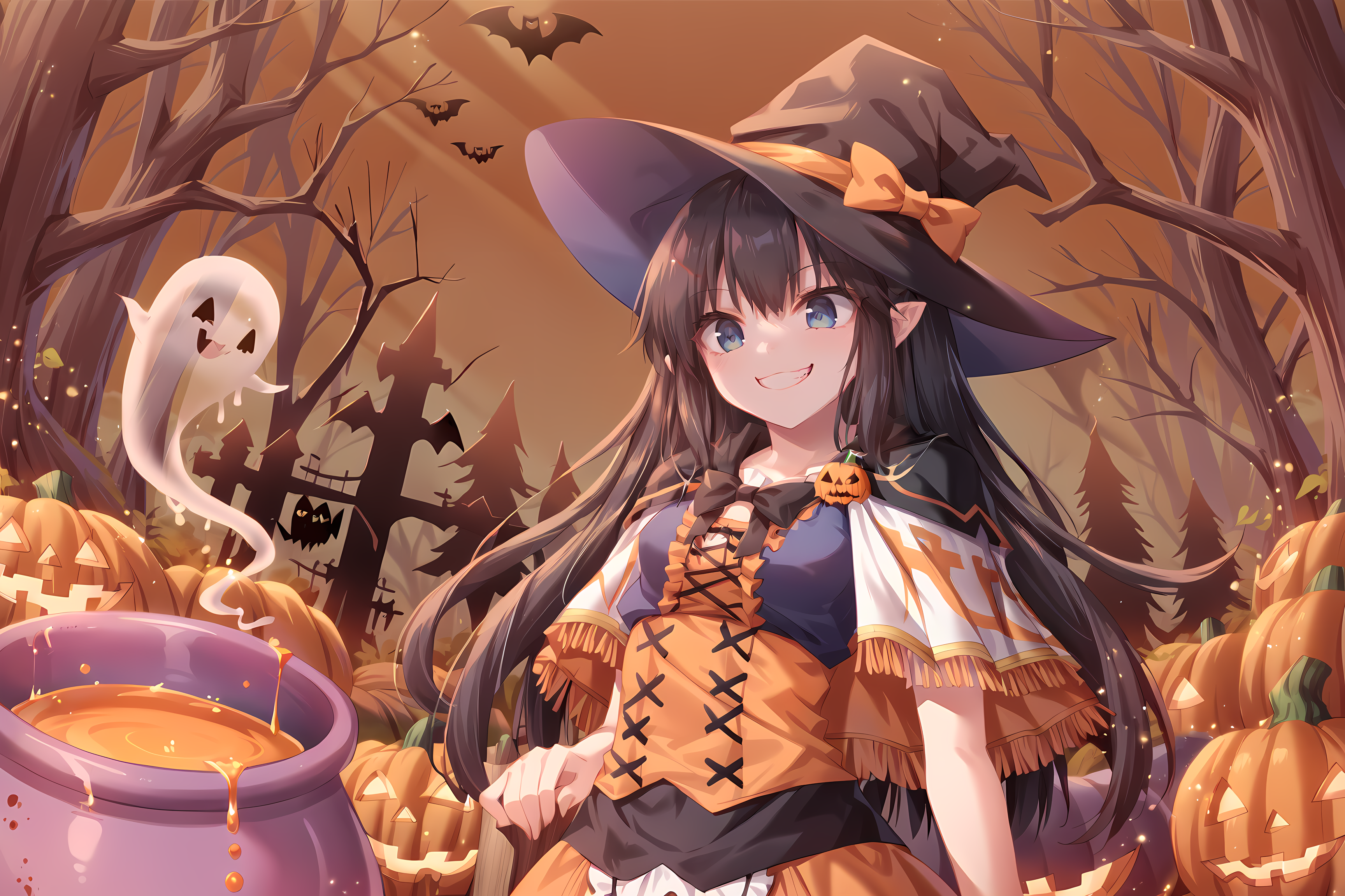 capelet,pointy ears,evil grin,forest,mist,pond,witch hat,halloween,witch,halloween costume,happy halloween,cauldron,pumpkin,horror \,(theme\),ghost,black cat,frilled dress,orange dress,black dress,multicolored clothes,cloak,silk,floating object,eushully,liselle,long hair,black hair,blue eyes,looking down,stirring,mismatched legwear,long skirt,attack,orange fog,liquid,bubble,potion,alchemy,laboratory,science fiction,poison,<lora:Eushully_Liselle_Madou_Koukaku_EP10:1>,pumpkin,dripping,green blood,, score_9, score_8_up, score_7_up,source_anime,(masterpiece),(best quality),(ultra-detailed),(best illustration),(best shadow),(absurdres),(detailed background),(very aesthetic),source_anime