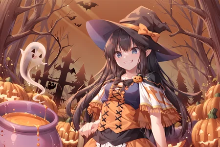 capelet,pointy ears,evil grin,forest,mist,pond,witch hat,halloween,witch,halloween costume,happy halloween,cauldron,pumpkin,horror \,(theme\),ghost,black cat,frilled dress,orange dress,black dress,multicolored clothes,cloak,silk,floating object,eushully,liselle,long hair,black hair,blue eyes,looking down,stirring,mismatched legwear,long skirt,attack,orange fog,liquid,bubble,potion,alchemy,laboratory,science fiction,poison,<lora:Eushully_Liselle_Madou_Koukaku_EP10:1>,pumpkin,dripping,green blood,, score_9, score_8_up, score_7_up,source_anime,(masterpiece),(best quality),(ultra-detailed),(best illustration),(best shadow),(absurdres),(detailed background),(very aesthetic),source_anime