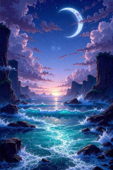 <lora:Vibrantly_sharp_style_v.3:0.8> VibrantlySharp style. A breathtaking fantasy seascape of an endless ocean where towering rock formations give way to cascading waterfalls that glow with an ethereal blue light. The foamy torrents crash into the abyss below, their luminous mist rising like enchanted spirits. Above, a crescent moon and intricately swirling nebulae fill the VibrantlySharp sky, their reflections interwoven with the turbulent currents below. The clouds, painted in soft pastels of violet and pink, hover over the horizon, illuminated by the last remnants of sunset. The ocean's surface glistens with an almost supernatural radiance, tiny flecks of starlight shimmering within the waves. The painting fuses fantasy illustration with dynamic motion, immersing the viewer in a dreamlike world where the laws of nature dissolve into celestial wonder.