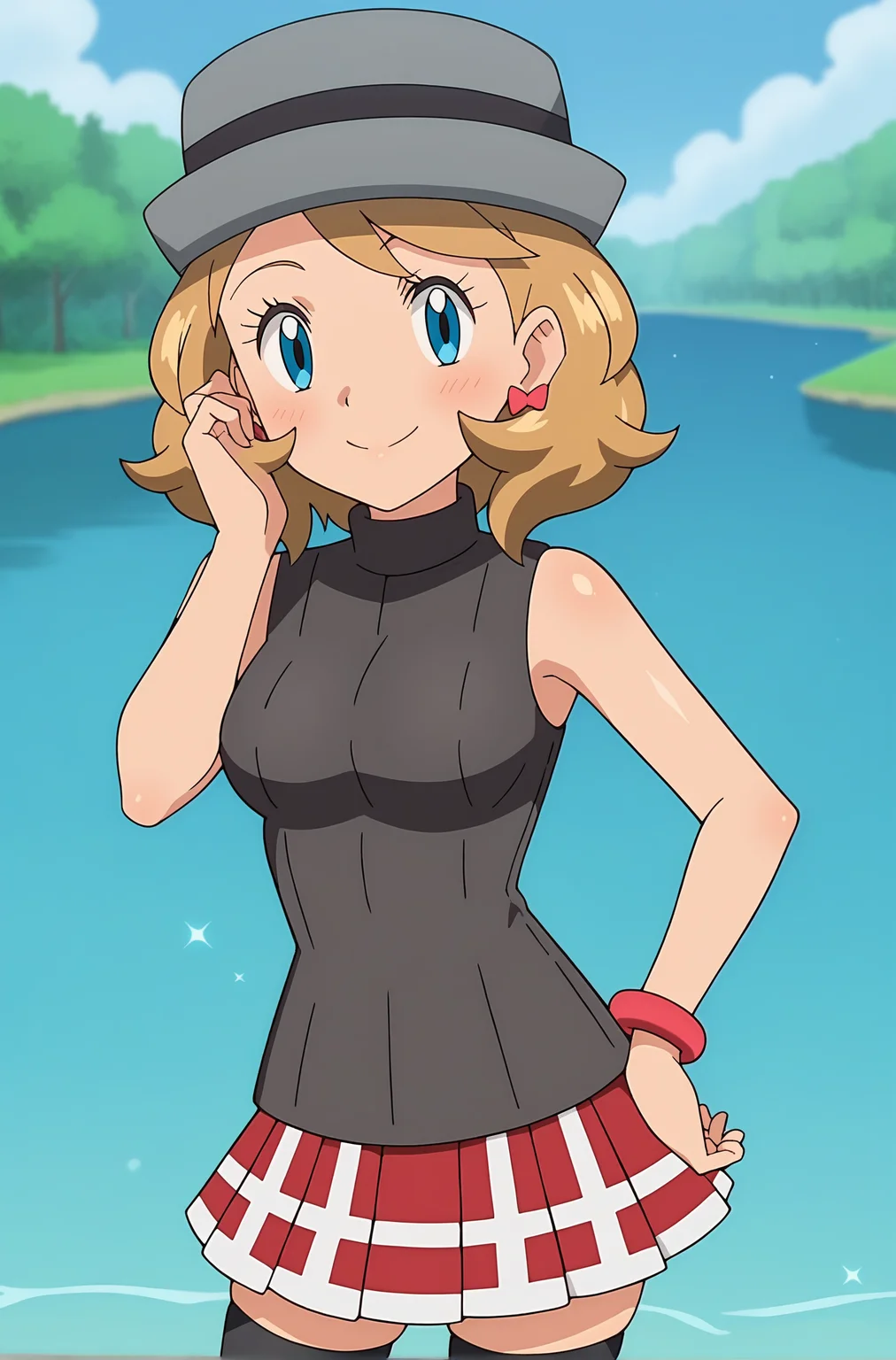 score_9, score_8_up, score_7_up, source anime, anime, animification, anime screencap, anime coloring, vivid colors, shiny skin, skindentation, deep skin, depth of field, high quality, highres, (dynamic angle,dynamic pose),
serenaj, 1girl, solo, looking at viewer, blush, smile, blue eyes, skirt, blonde hair, thighhighs, hat, jewelry, closed mouth, cowboy shot, pleated skirt, earrings, outdoors, sky, sleeveless, day, shiny, black thighhighs, cloud, hand up, medium hair, water, bracelet, sweater, hand on hip, eyelashes, sparkle, red skirt, turtleneck, sweater vest, turtleneck sweater, sleeveless turtleneck, grey headwear, serena \(pokemon\)
BREAK
masterpiece, high quality
<lora:Serena_Journeys:0.9>