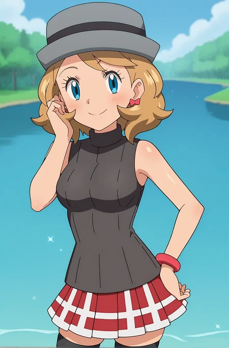 score_9, score_8_up, score_7_up, source anime, anime, animification, anime screencap, anime coloring, vivid colors, shiny skin, skindentation, deep skin, depth of field, high quality, highres, (dynamic angle,dynamic pose),
serenaj, 1girl, solo, looking at viewer, blush, smile, blue eyes, skirt, blonde hair, thighhighs, hat, jewelry, closed mouth, cowboy shot, pleated skirt, earrings, outdoors, sky, sleeveless, day, shiny, black thighhighs, cloud, hand up, medium hair, water, bracelet, sweater, hand on hip, eyelashes, sparkle, red skirt, turtleneck, sweater vest, turtleneck sweater, sleeveless turtleneck, grey headwear, serena \(pokemon\)
BREAK
masterpiece, high quality
<lora:Serena_Journeys:0.9>