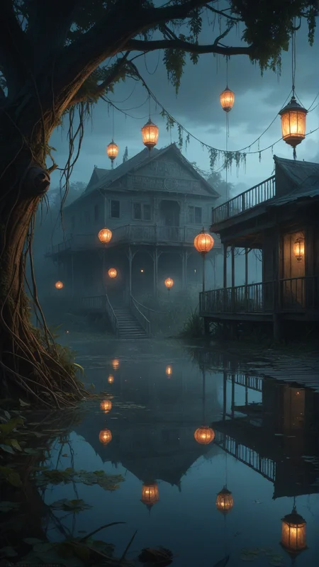 Belizean digital painting, concept art, abandoned carnival, overgrown with vines, rusted rides, peeling paint, shadows, dim light, mystical atmosphere, floating lanterns, serene lake, reflections, misty, twilight, cyan, blue, green, purple, orange, red, yellow, brown, gray, low angle, wide angle, detailed, cinematic, dramatic, illustration, artstation, artbook, wallpaper, promo art, splash art <lora:add-detail-xl:1>, (Masterpiece:1.3) (best quality:1.2) (high quality:1.1)