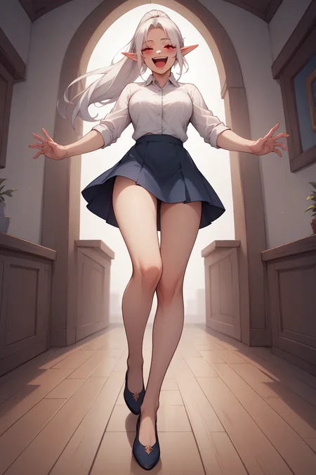score_9, score_8_up, score_7_up, score_6_up, BREAK long legs, sexy, beautiful woman, perfect face, perfect eyes, pale skin, gogalking, <lora:gogalking 1024 6:0.7>, ponytail, ((white hair)), pointy ears, red eyes, long hair, elf, eyebrows visible through hair, looking at viewer,(laughing:1.5), blush, dynamic pose, wide angle view, full body shot, indoors, white shirt, collared shirt, skirt,