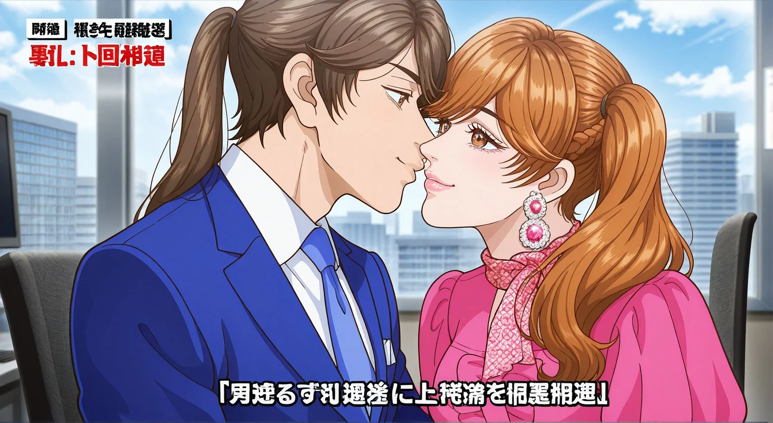 masterpiece,best quality,amazing quality,very aesthetic,absurdres,newest, huge filesize,
<lora:spo_sdxl_10ep_4k-data_lora_webui:0.5>,
<lora:add-detail-xl:1>
interview,
1girl, 1boy, hetero, sitting, desk,facing another, 
kiss, 
<lora:Trillion_Game_V1:1>Trillion Game,
BREAK
interview,long hair couple,
1girl, 1boy, hetero, sitting, desk, facing another, 
jewelry,
earrings,long hair,
sky,brown eyes,
brown hair,pink dress,
lips,smile,
braid,day,
ponytail,t_kirika,
 office ,skirt, 
BREAK
interview,long hair couple,
1girl, 1boy, hetero, sitting, desk, facing another, 
necktie,formal,
suit,blue necktie,
brown hair,smile, 
pants, 
T_haru, brown hair,(long hair, side ponytail male),