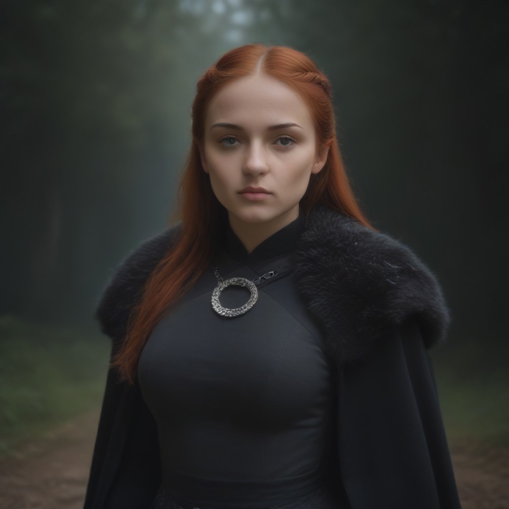 masterpiece, best quality, SansaStark, 1girl, solo, long hair, red hair, (blue eyes), beauty, grey dress, fur trim, cape, upper body, <lora:SansaStark_illustrious_Leaf2:1>, forest, outdoors, round breasts, breasts together, medium breasts,