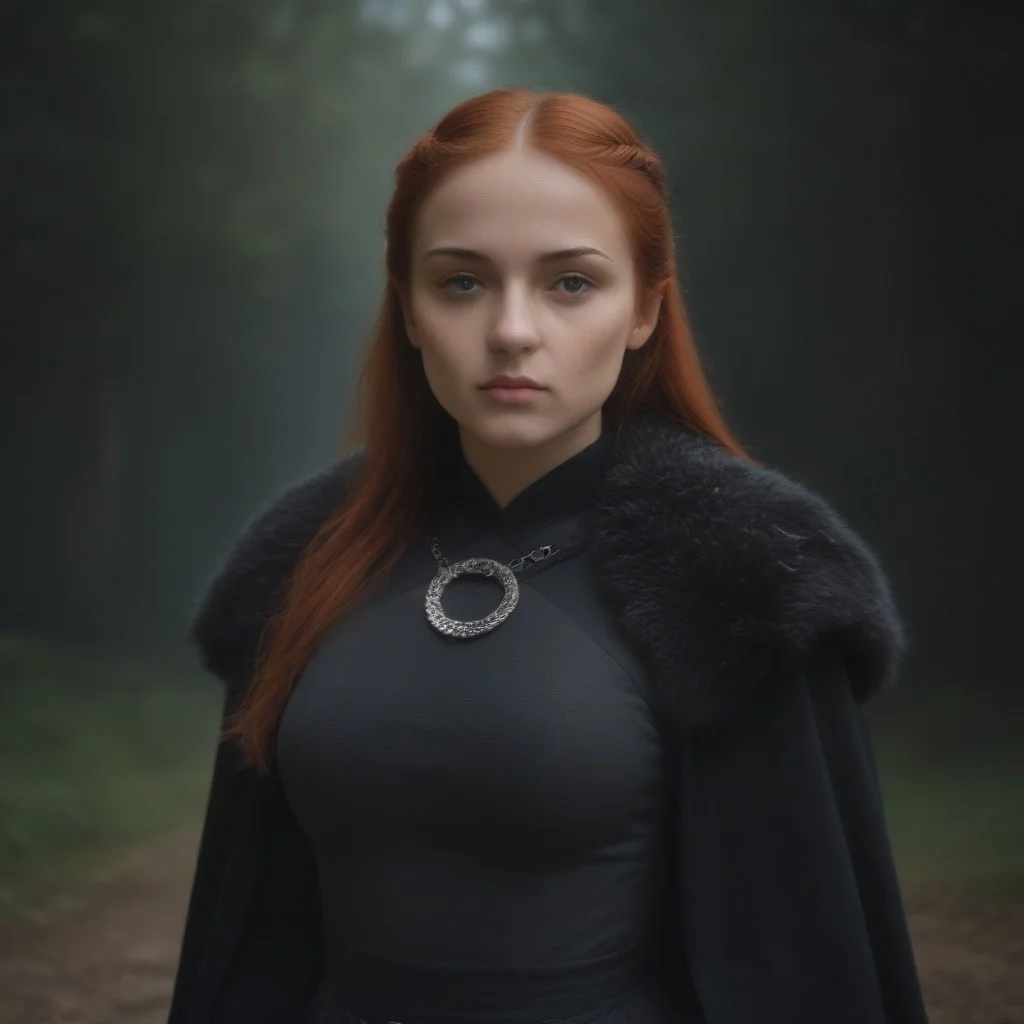 masterpiece, best quality, SansaStark, 1girl, solo, long hair, red hair, (blue eyes), beauty, grey dress, fur trim, cape, upper body, <lora:SansaStark_illustrious_Leaf2:1>, forest, outdoors, round breasts, breasts together, medium breasts,