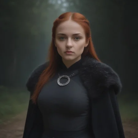masterpiece, best quality, SansaStark, 1girl, solo, long hair, red hair, (blue eyes), beauty, grey dress, fur trim, cape, upper body, <lora:SansaStark_illustrious_Leaf2:1>, forest, outdoors, round breasts, breasts together, medium breasts,