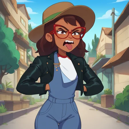 score_9, score_8_up, score_7_, Hailey, Dark-skinned female, Freckles, Brown Hair, Overalls,Shirt, red-framed eyewear, Glasses, wide hips, Leather Jacket, angry look, 1girl, solo, sticking out tongue, zPDXL2, COOLHAT