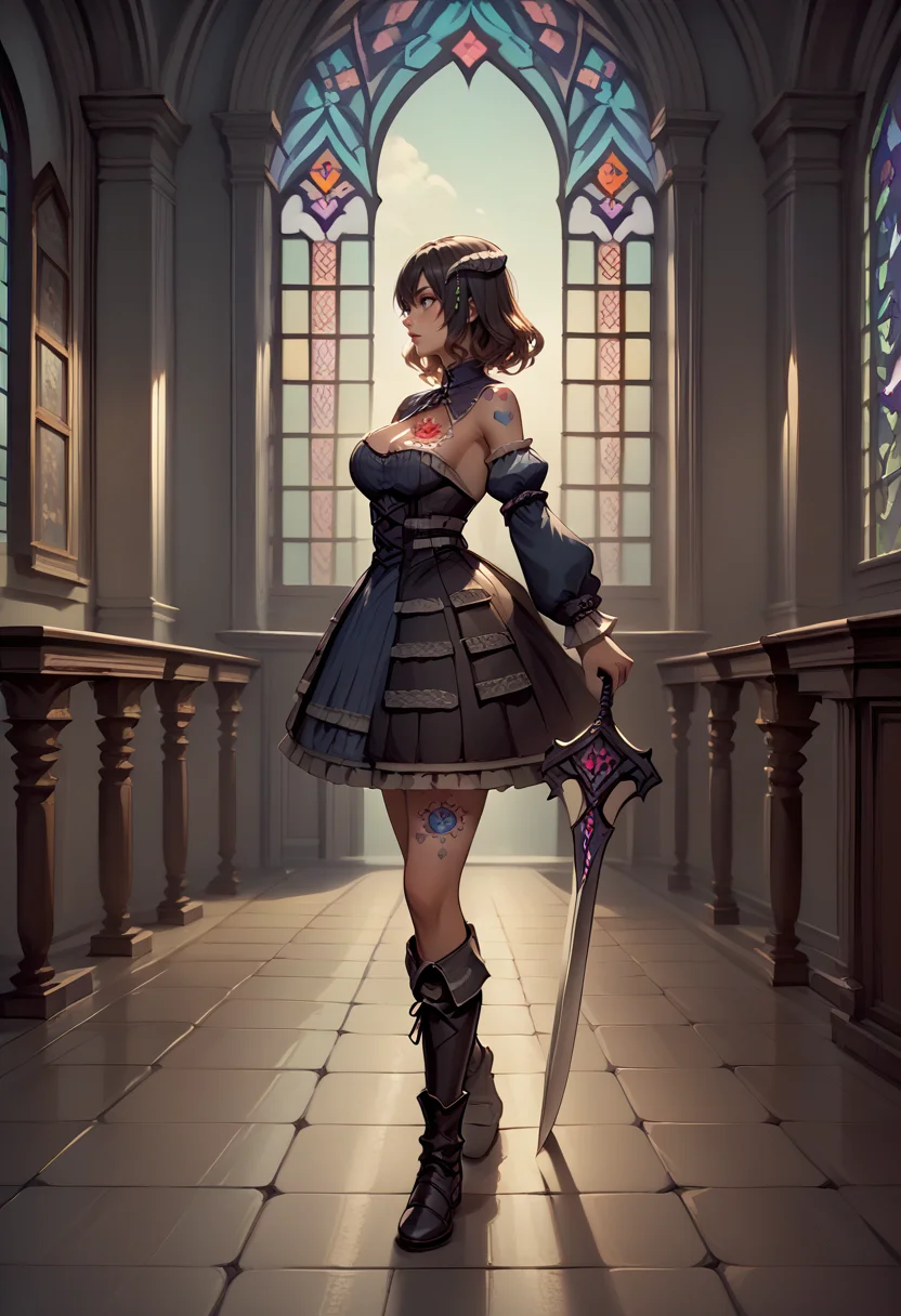score_9, score_8_up, score_7_up, source_anime, 1girl, walking, from side, <lora:MiriamBS-pdxl:1> miriamBS, short hair, hair ornament, horns, large breasts, cleavage, breast tattoo, dress, low neckline, detached sleeves, boots, holding sword, indoors, gothic architecture, window