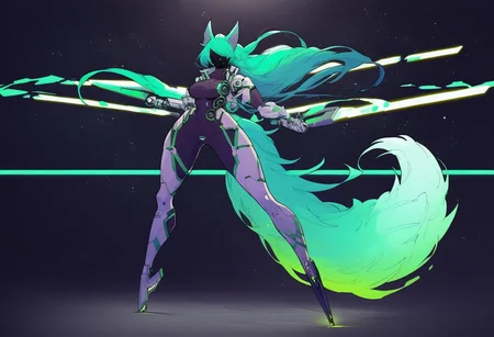 score_9, score_8_up, score_7_up, high quality, detailled suit, detailled background,
space background, full body, stars, explosion, solo,
1girl, scratazon, helmet, bodysuit, teal hair, long hair, fighting stance, cyan fur, fluffy tail, busty, wide hips,
large breasts, standing, closed mouth, looking at viewer, lazer blade, spaceship,