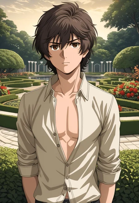 ASCIIbanagher_links, 1boy, male focus, solo, slim, thin waist, warm beige skin, brown hair,
open shirt,
glossy expressive eyes, big brown eyes, looking at the viewer,
in a royal garden,
masterpiece, best quality, ultra high res, intricate detail, clamshell warm lighting