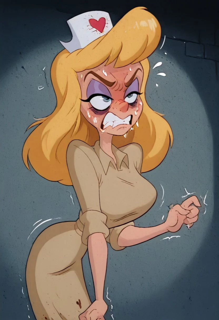masterpiece, best quality, amazing quality, absurdres,(((((white background))))), (((hellonurse))), (((angry))), (((offended))),((((extremely straining)))),((((((embarrassed))))),((((rabid)))),((((((raging)))))), blonde hair, teal eyes, (((1girl))), alone, big breasts,((((slim body))))),eyeshadow, twerking,nurse outfit, Heloise Nerz, hellonurse, dirty, detailed body, detailed face, highly detailed body, highly detailed face, dynamic pose, posing, ((((((angsty))))), (((((furious)))))), (((((submissive)))))), 1girl, dirty messed burnt blonde  hair, wounds, hit herself,  selfharm,terror,((((fear)))), wounds on face, wounds on body, extreme amount of wounds, wounds everywhere, (((((bags under eyes))))),  bags under eyes, shiners, stupid, dumb, extremely stupid, extremely dumb, no brain, brain damage, stupid blonde, extremely stupid blonde,  blue eyes, eye twitching, nervous eye twitching, extremely hard eye twitching, totally burnt hair, sexy, horny, flowing saliva, scared, in love, extremely dirty dress, hardly beaten fifty times, confused, humiliated face, depressed face, black eyes,  extremely broken heart, wall eyes, shaggy hair,smashed mouth, crazy emotion, narrow waist
