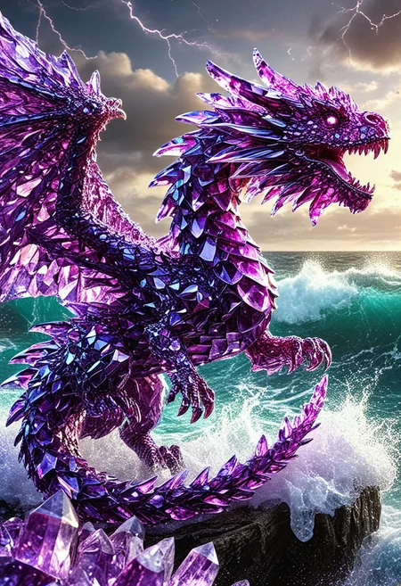 a dragon made of sparkling amethyst crystals, soaring over roiling seas, foamy seas, stormy skies, lightning, highly detailed, absurdres, realistic photo, hyperrealism, beautiful, extremely detailed, 4k, cinematic lighting