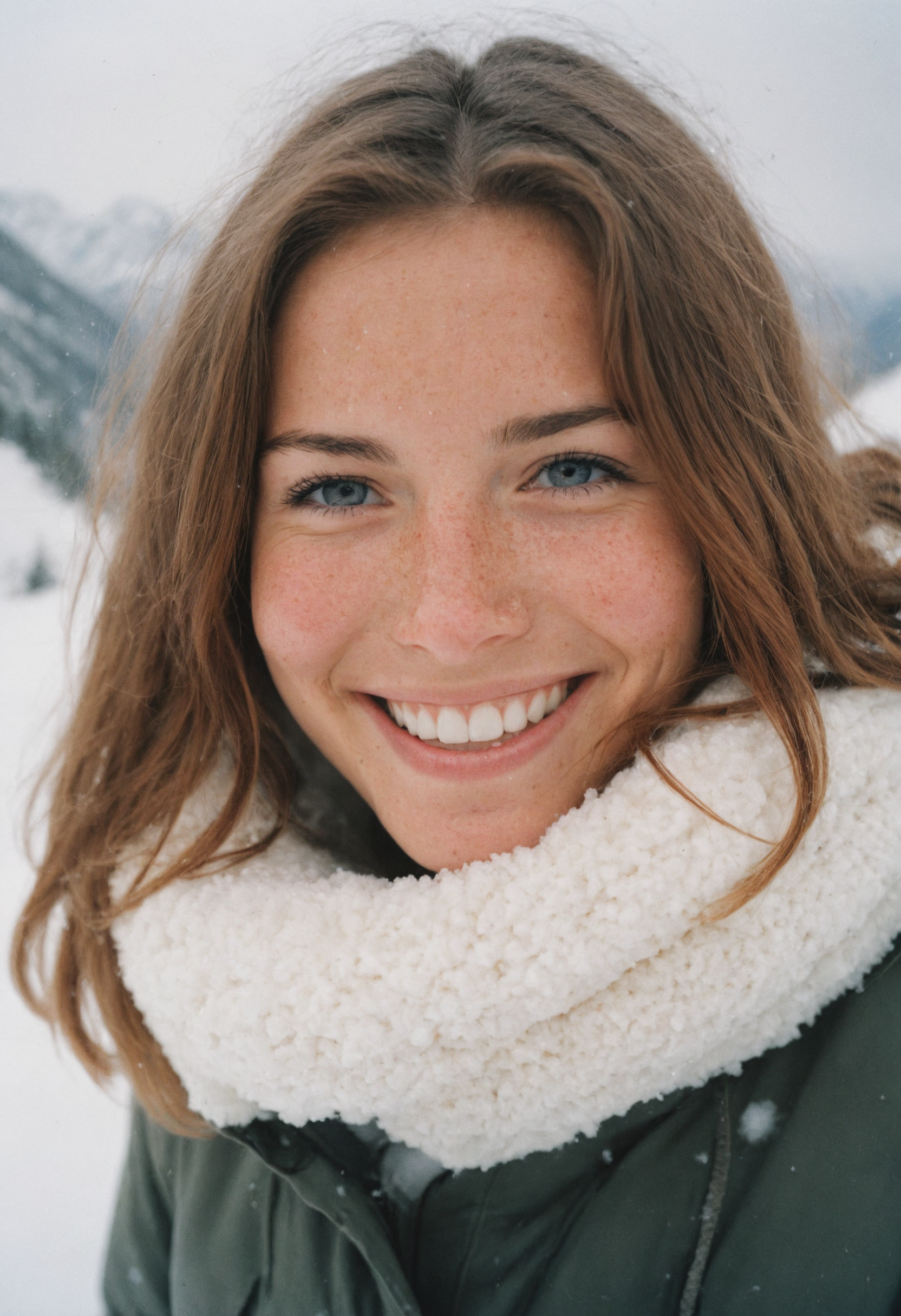 35mm photography portrait of beautiful smiling woman with (freckles:0.3) in a snow-covered mountain