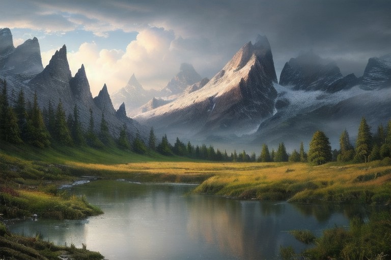 RAW photo, (masterpiece:1.3), subsurface scattering, heavy shadow, (high quality:1.4), (intricate, high detail:1.2), professional photography, HDR, High Dynamic Range, realistic, ultra realistic, photorealistic, high resolution, film photography, ambient lighting, atmospheric effects, <lora:detail_slider_v4:2>, OverallDetail, epic medieval fantasy, cloudy sky, day, fanmou, forest, mountain, nature, outdoors, reflection, sky, water, <lora:Fantasy_Mountains:1>, epiCPhoto