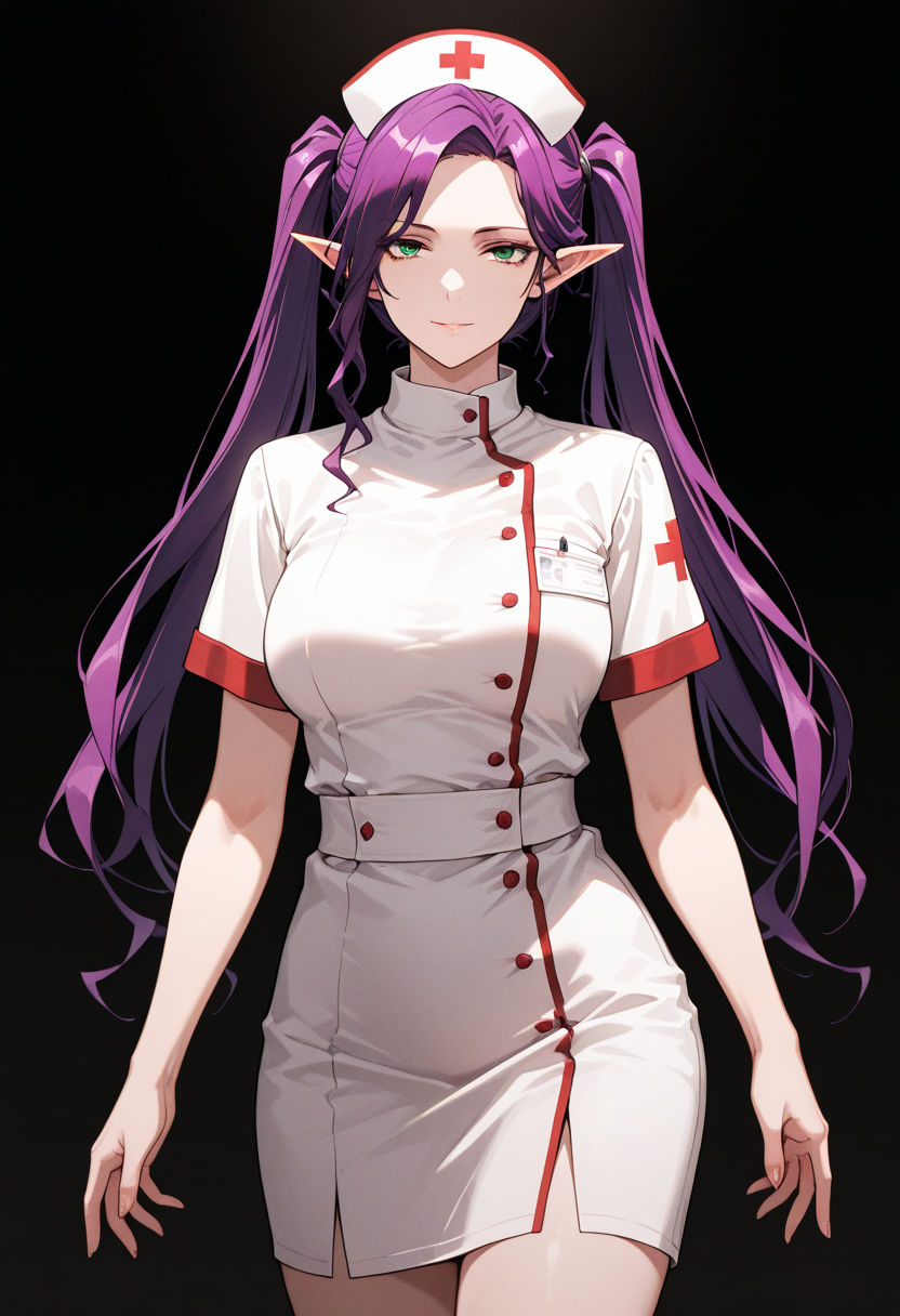 masterpiece, best quality, highly detailed, ultra-realistic, score_9, score_8_up, score_7_up, score_6_up,
1woman, solo, sporty female, mature girl, big woman, warrior women,  Imina, slim, elf, twintails, long face, nice skin, long hair, purple hair, green eyes, looking at viewer,
aesthetic, nurse uniform, classy, elegant, stylish,
tall woman, nice hips, detailed eyes, detailed face, empty hands, (cowboy shot),
fit, toned, stands proudly, outdoors, (black background:1.2), <lora:Imina_Overlord:1.5>