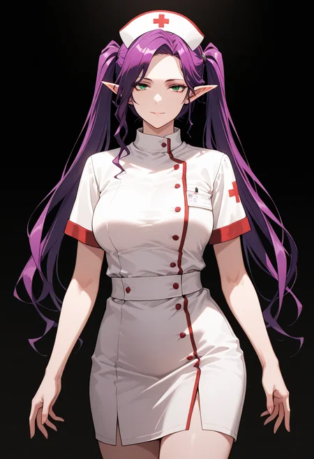 masterpiece, best quality, highly detailed, ultra-realistic, score_9, score_8_up, score_7_up, score_6_up,
1woman, solo, sporty female, mature girl, big woman, warrior women, Imina, slim, elf, twintails, long face, nice skin, long hair, purple hair, green eyes, looking at viewer,
aesthetic, nurse uniform, classy, elegant, stylish,
tall woman, nice hips, detailed eyes, detailed face, empty hands, (cowboy shot),
fit, toned, stands proudly, outdoors, (black background:1.2), <lora:Imina_Overlord:1.5>