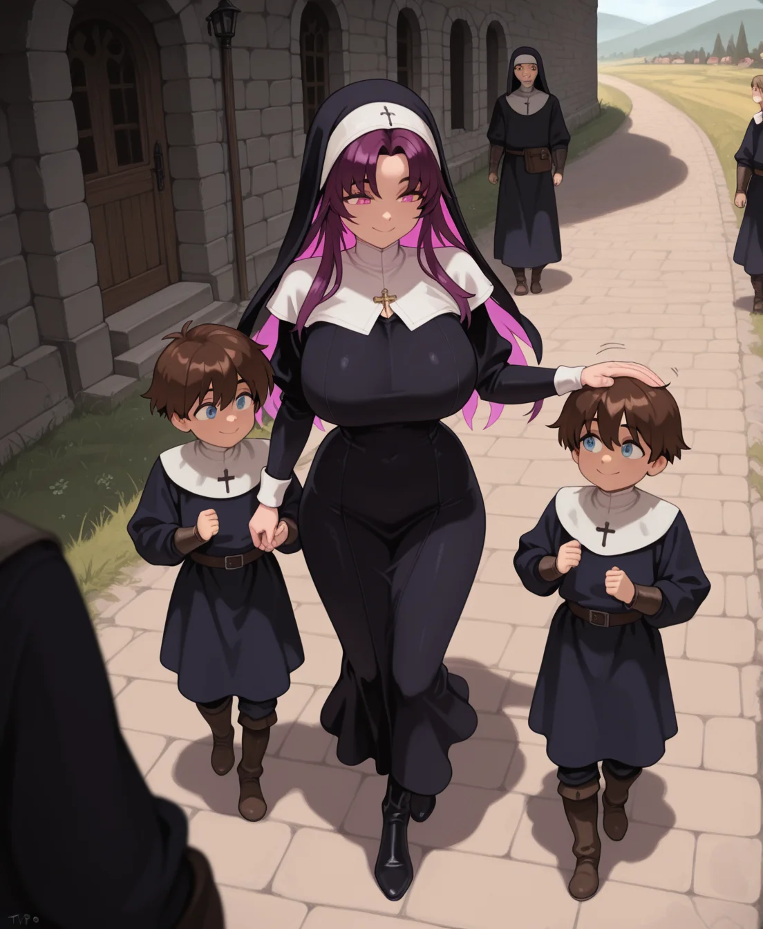 masterpiece,best quality,amazing quality, <lora:optionaltypo_style_v1_illustrious:1> , typ0, 1girl, long hair, purple hair, colored inner hair, red inner hair, curtained hair, pink eyes, huge breasts, medieval road, standing, nun outfit, white caplet, walking, headpat, 3boys, brunette, brown hair, blue eyes.little boys, looking around, smiling, grass, outdoors, from side
