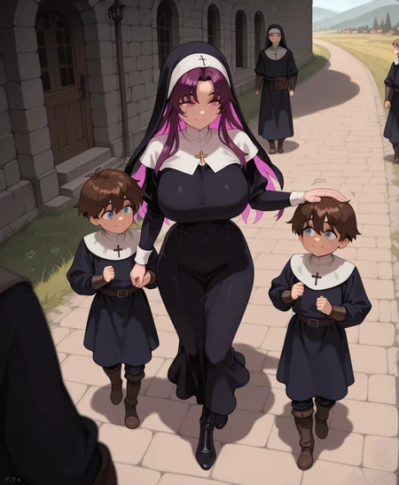 masterpiece,best quality,amazing quality,  <lora:optionaltypo_style_v1_illustrious:1> , typ0, 1girl, long hair, purple hair, colored inner hair, red inner hair, curtained hair, pink eyes, huge breasts, medieval road, standing, nun outfit, white caplet, walking, headpat, 3boys, brunette, brown hair, blue eyes.little boys, looking around, smiling, grass, outdoors, from side