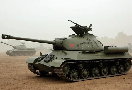 <lora:is3:0.9>is3,Realistic depiction of the battlefield, Masterpiece, Top quality, Harsh battle atmosphere (1.4), Dust (1.1), Smog, Exquisite weapons (1.0), Atmospheric lighting (1.1), Cinematic composition (1.2), Historical accuracy (1.4),
This is the Soviet heavy tank, IS3. The vehicle length is 6.67 m, the overall width is 3.2 m, and the overall height is 2.45 m.Three-quarter view.low angle.Tracks, wheels.headlights.Headlight guard.Spare tracks on the front of the vehicle.Close-up of the gun muzzle.no humans.hatch open.Rotating turret.muzzle is pointed at viewer.Red star identification mark.Russian green body color.